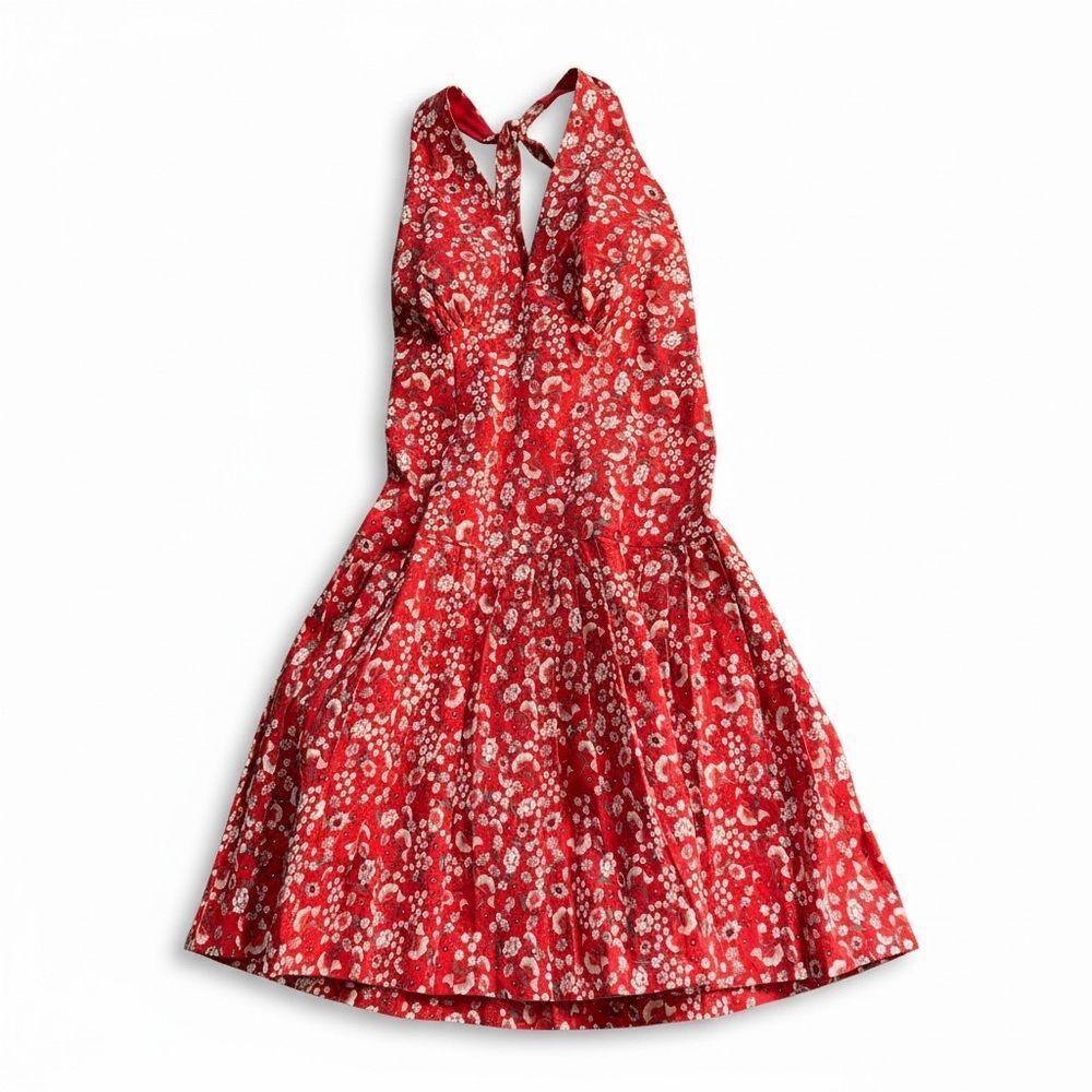 B.Darlin Halter Pleated Sun Dress Sz 5/6 Red White Flowers Vintage Y2K